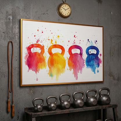 Kettlebells Canvas Print with Watercolor Detail in antique gold floating frame