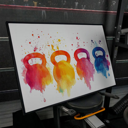 Kettlebells Canvas Print with Watercolor Detail in black floating frame