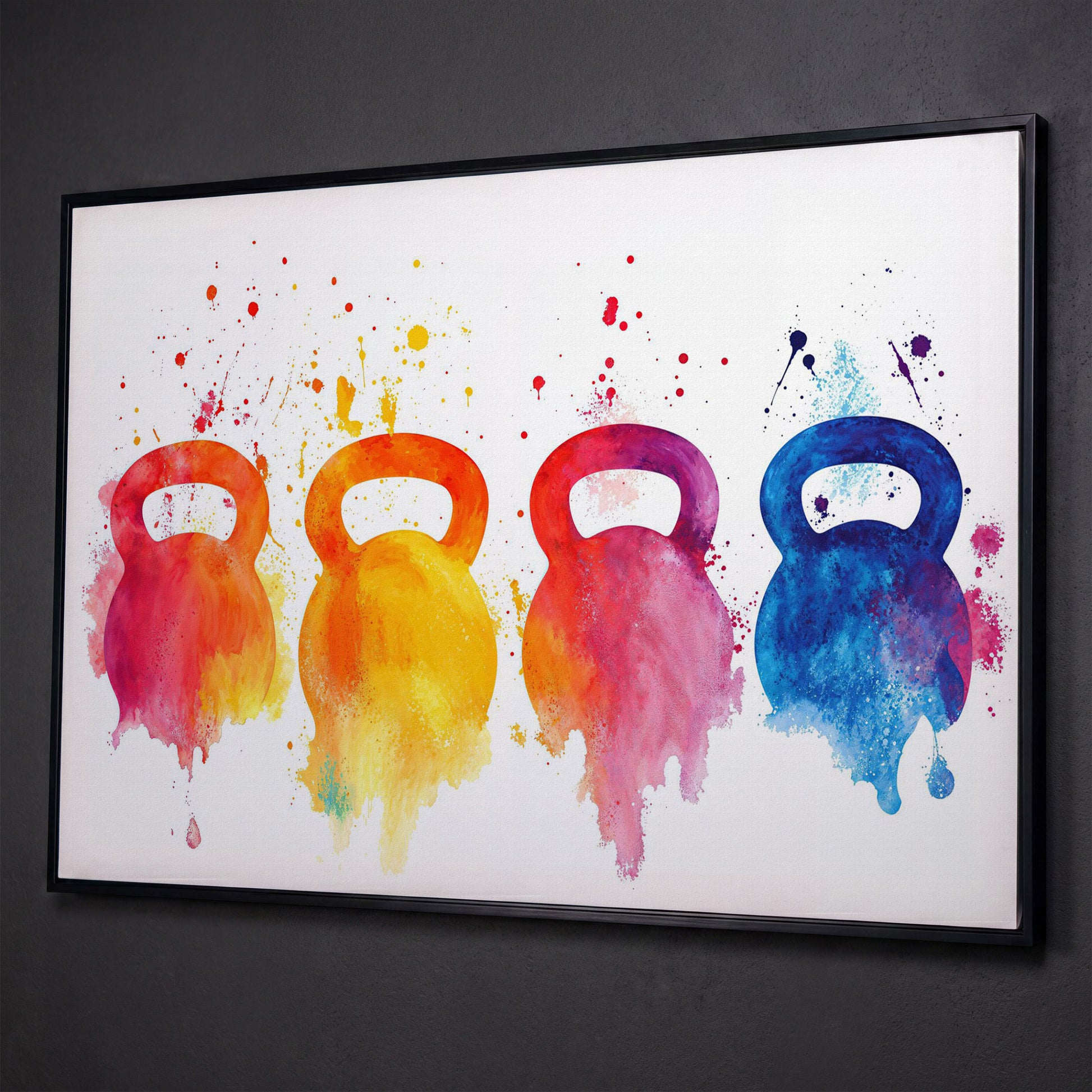 Kettlebells Canvas Print with Watercolor Detail shown in black floating frame