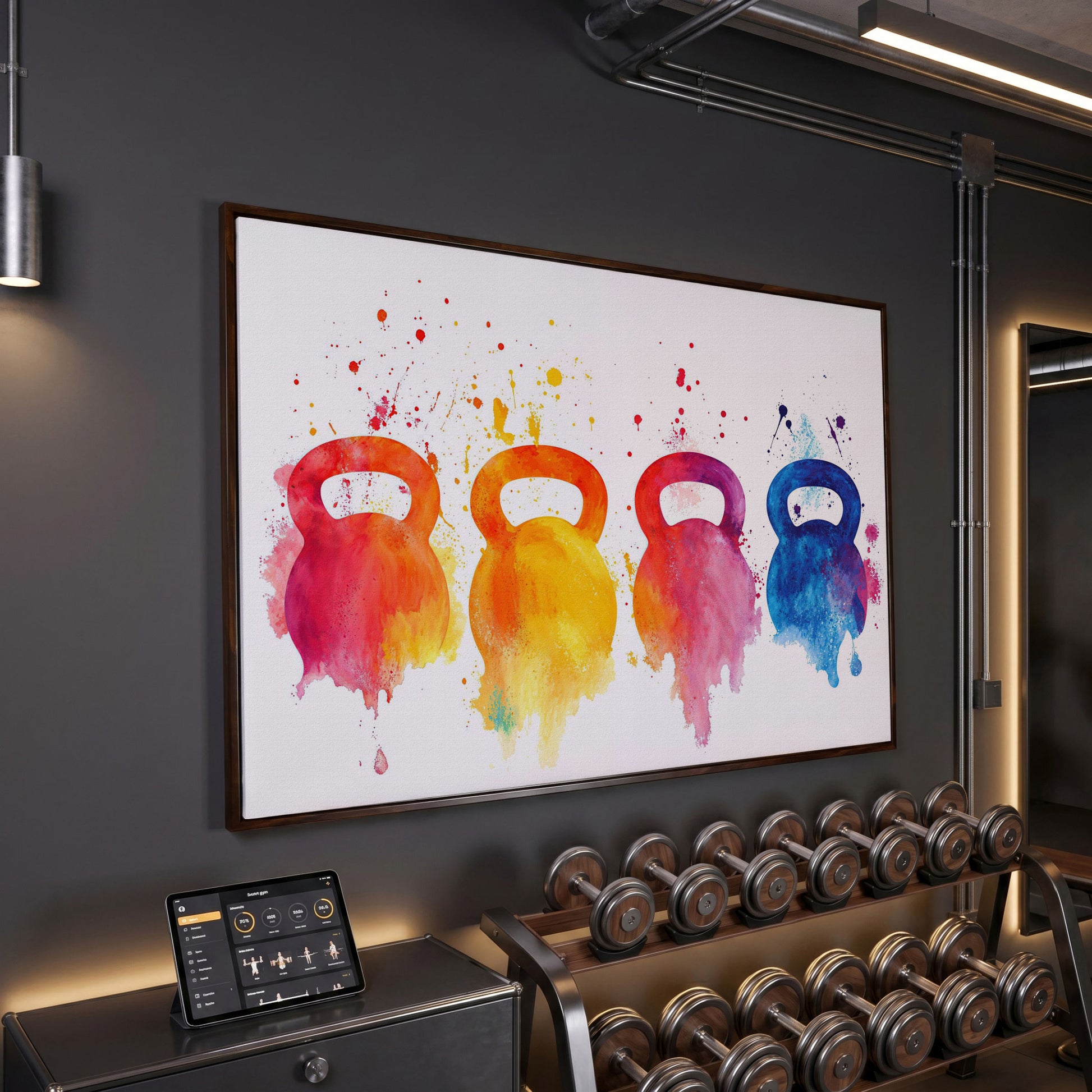 Kettlebells Canvas Print with Watercolor Detail in dark walnut floating frame