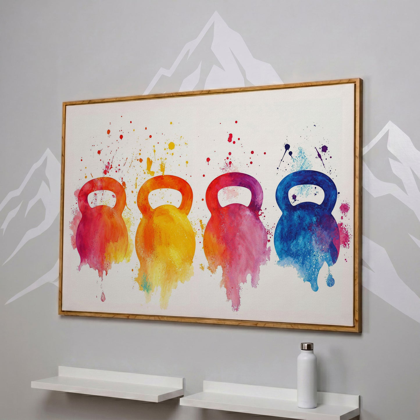 Kettlebells Canvas Print with Watercolor Detail in white oak floating frame