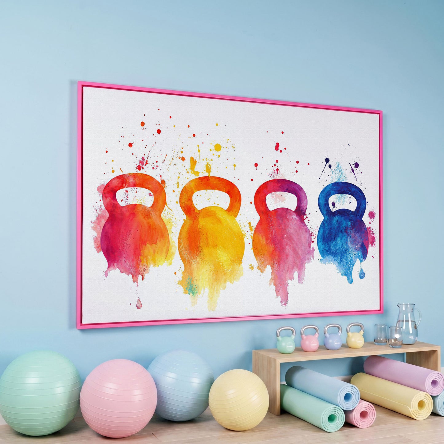 Kettlebells Canvas Print with Watercolor Detail in pink floating frame