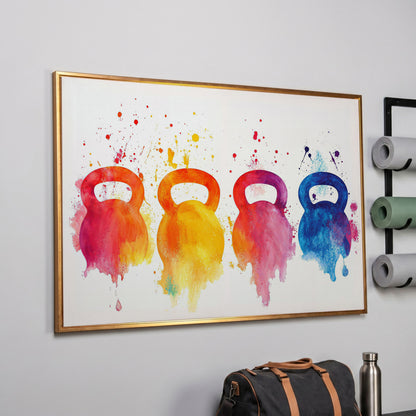 Kettlebells Canvas Print with Watercolor Detail in rose gold floating frame