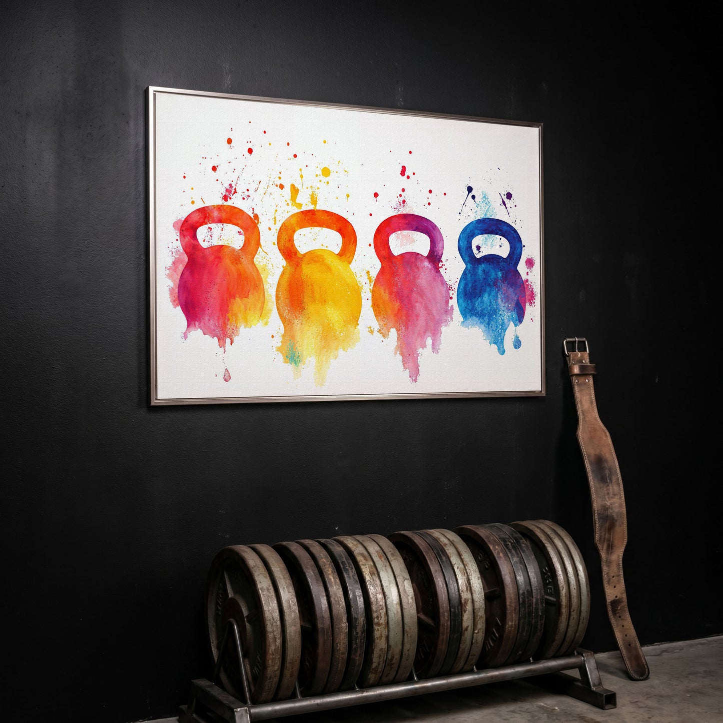 Kettlebells Canvas Print with Watercolor Detail in silver floating frame