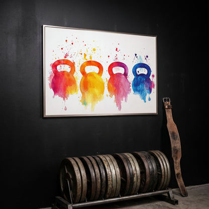 Kettlebells Canvas Print with Watercolor Detail in silver floating frame
