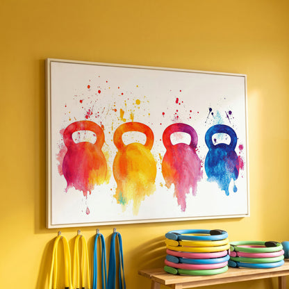 Kettlebells Canvas Print with Watercolor Detail in white floating frame