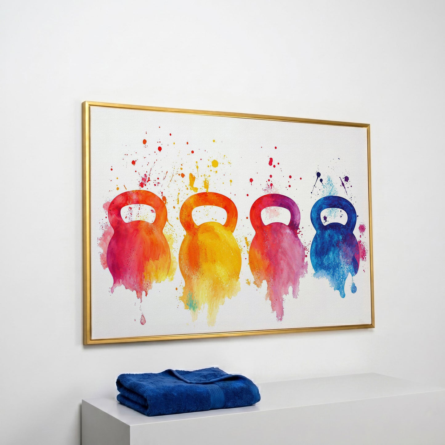 Kettlebells Canvas Print with Watercolor Detail in yellow gold floating frame