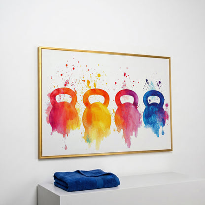 Kettlebells Canvas Print with Watercolor Detail in yellow gold floating frame