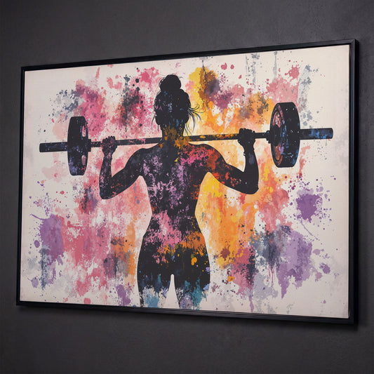 Female Silhouette Lifting Canvas Art shown in black floating frame
