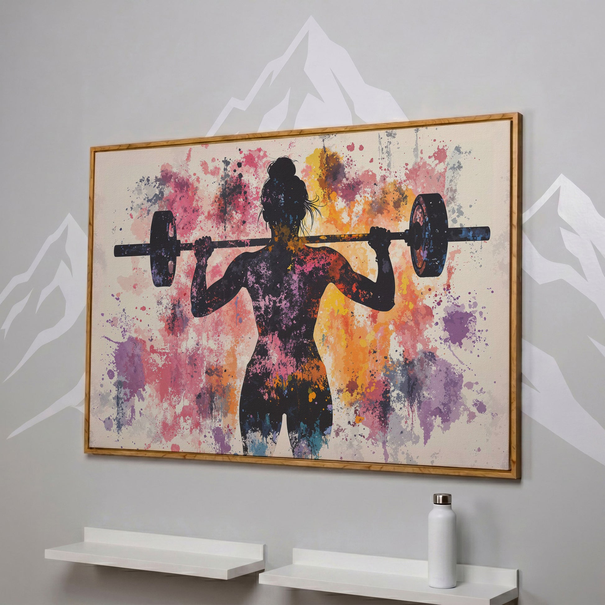 Female Silhouette Lifting Canvas Art in white oak floating frame