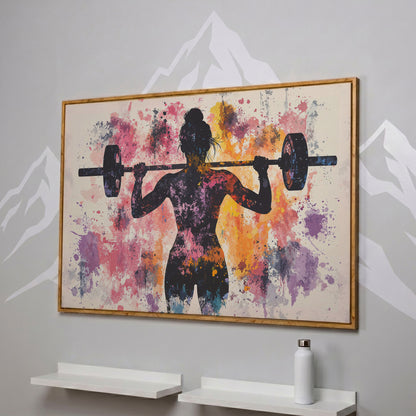 Female Silhouette Lifting Canvas Art in white oak floating frame