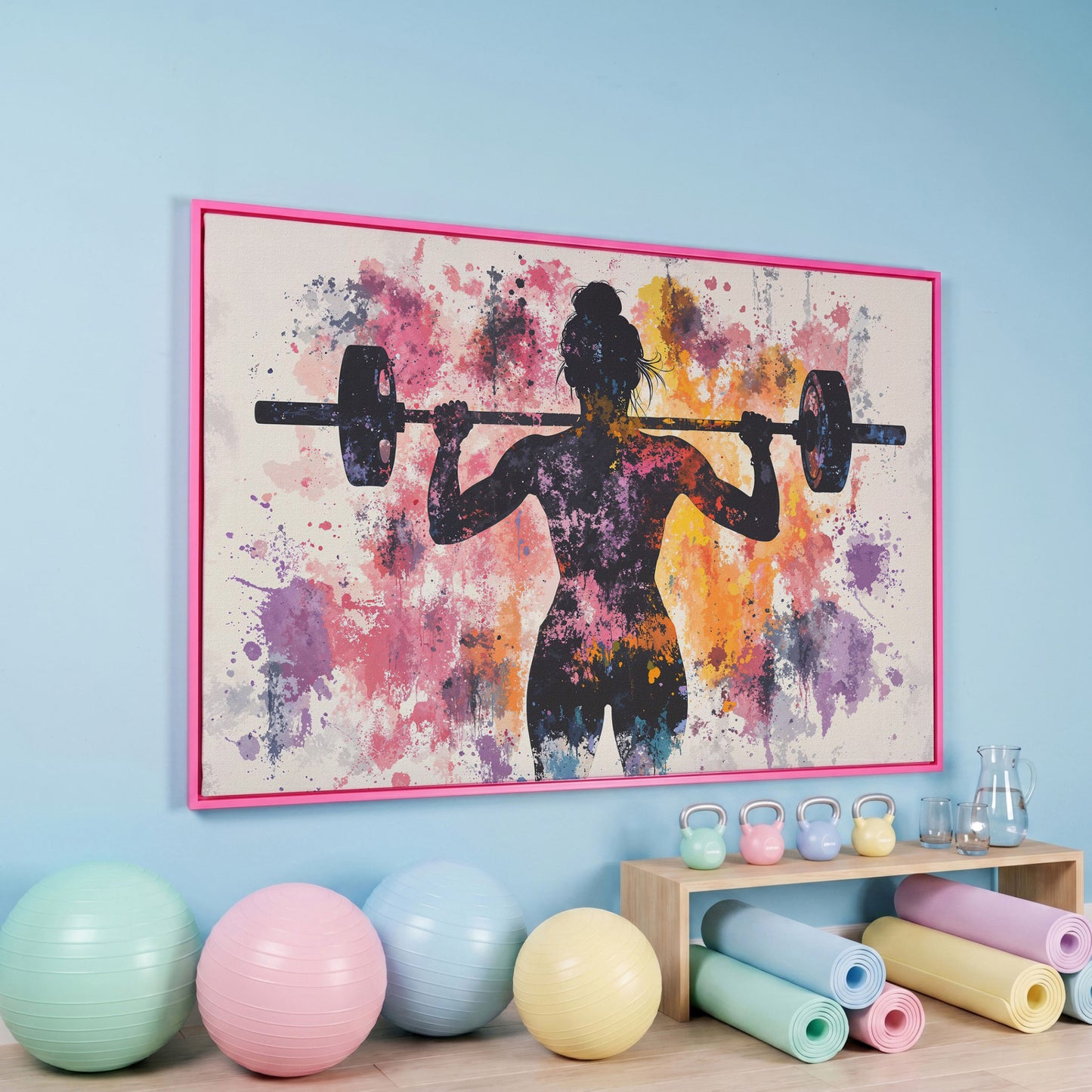 Female Silhouette Lifting Canvas Art in pink floating frame