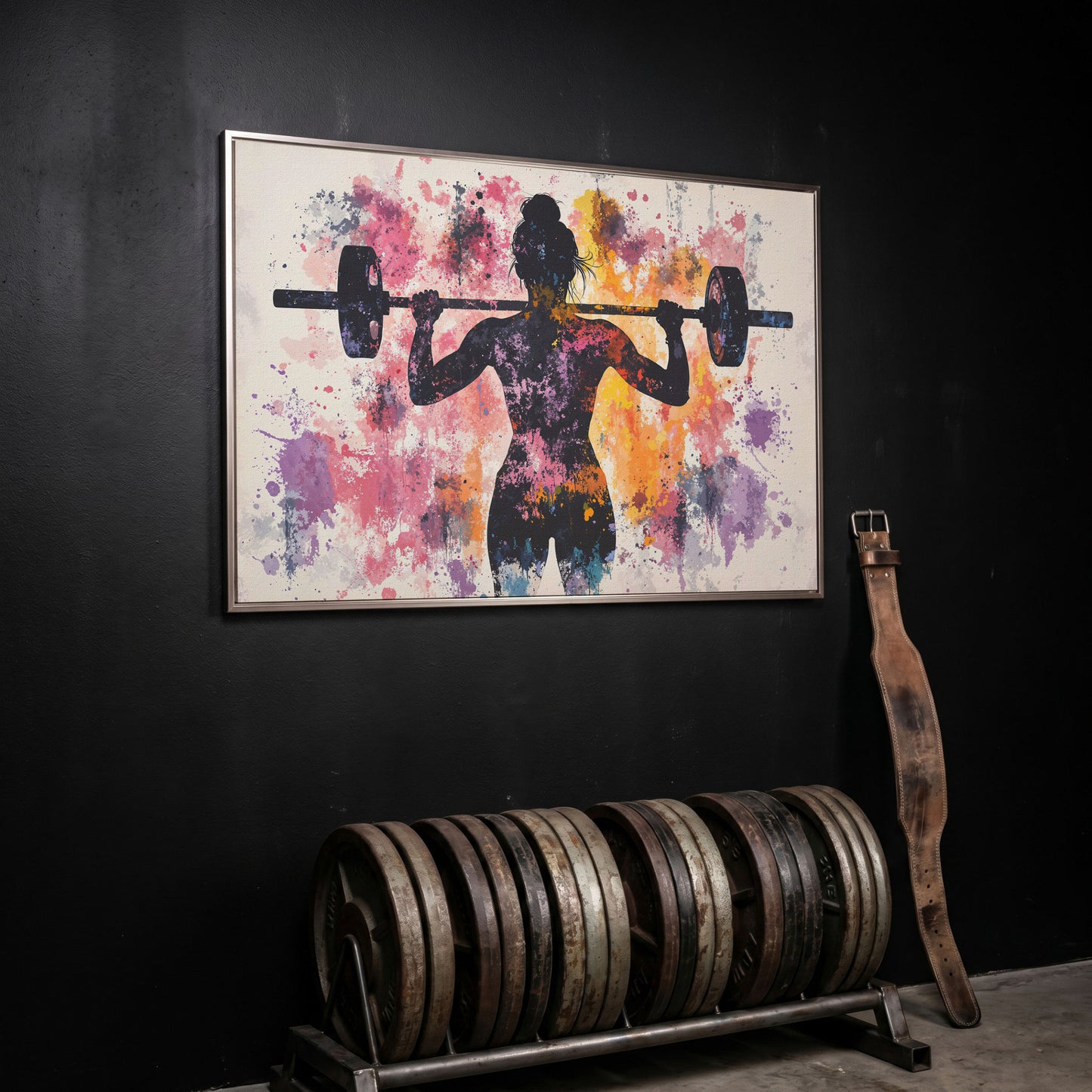 Female Silhouette Lifting Canvas Art in silver floating frame