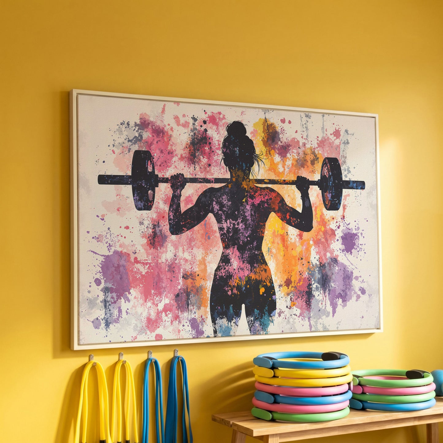 Female Silhouette Lifting Canvas Art in white floating frame