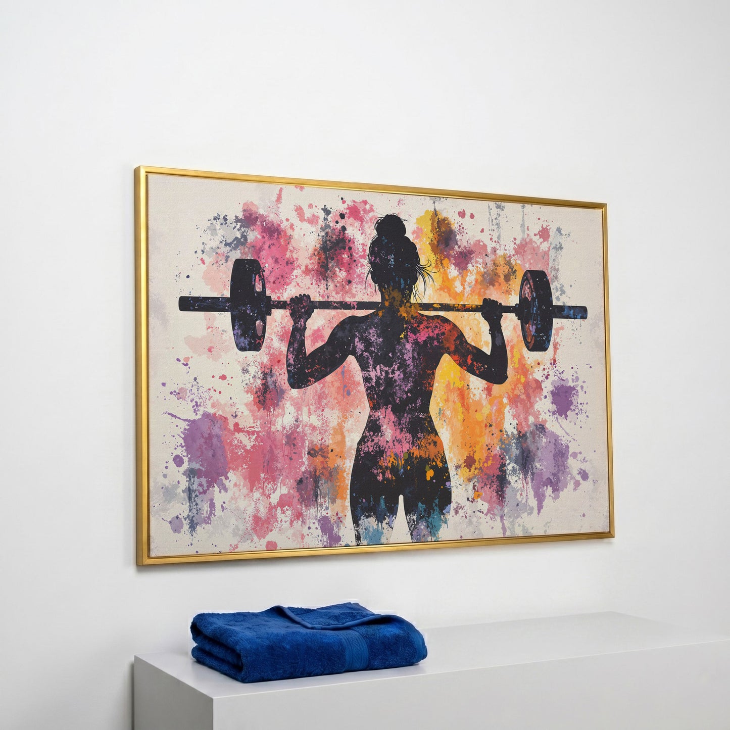 Female Silhouette Lifting Canvas Art in yellow gold floating frame