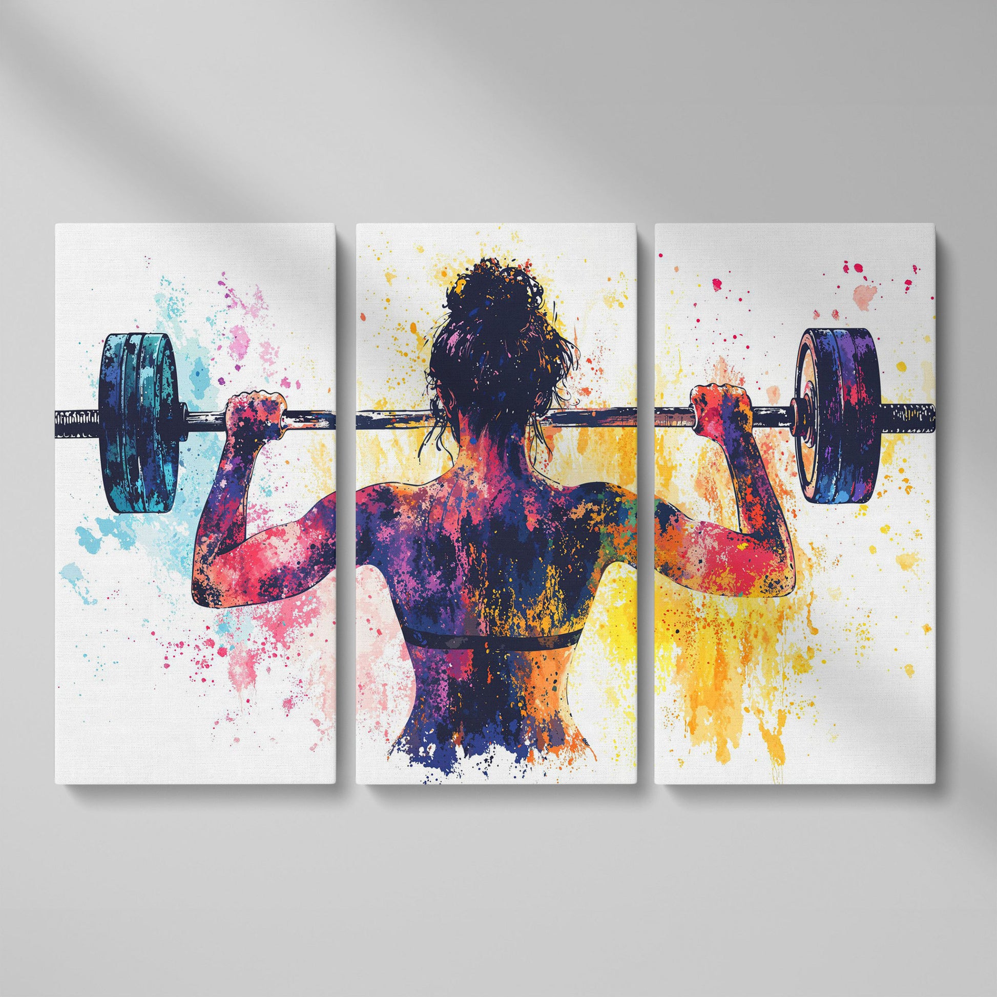 Woman Lifting Canvas Print. Watercolor Gym Art as 3-panel split version