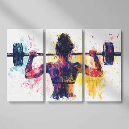 Woman Lifting Canvas Print. Watercolor Gym Art as 3-panel split version