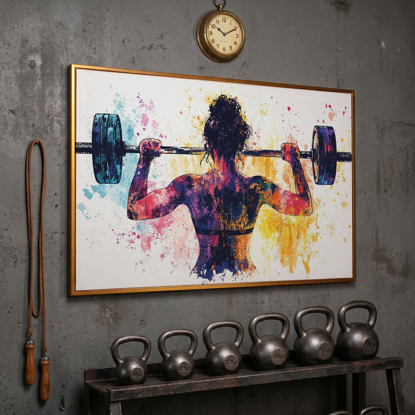 Woman Lifting Canvas Print. Watercolor Gym Art in antique gold floating frame