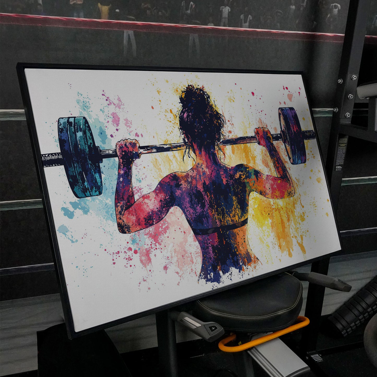 Woman Lifting Canvas Print. Watercolor Gym Art in black floating frame