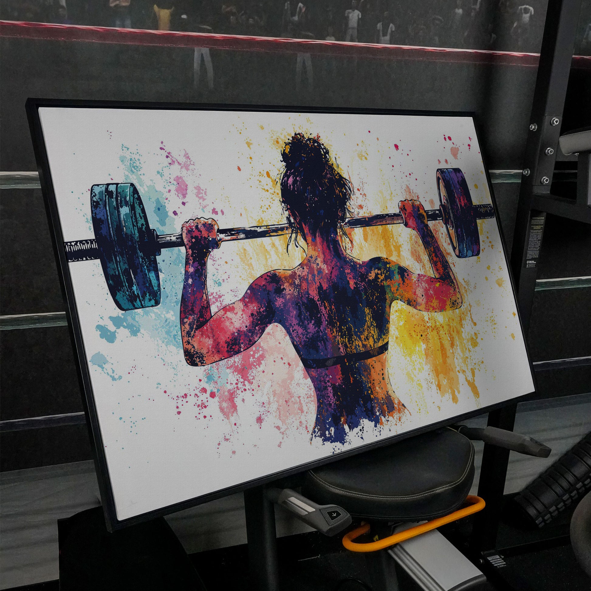 Woman Lifting Canvas Print. Watercolor Gym Art in black floating frame