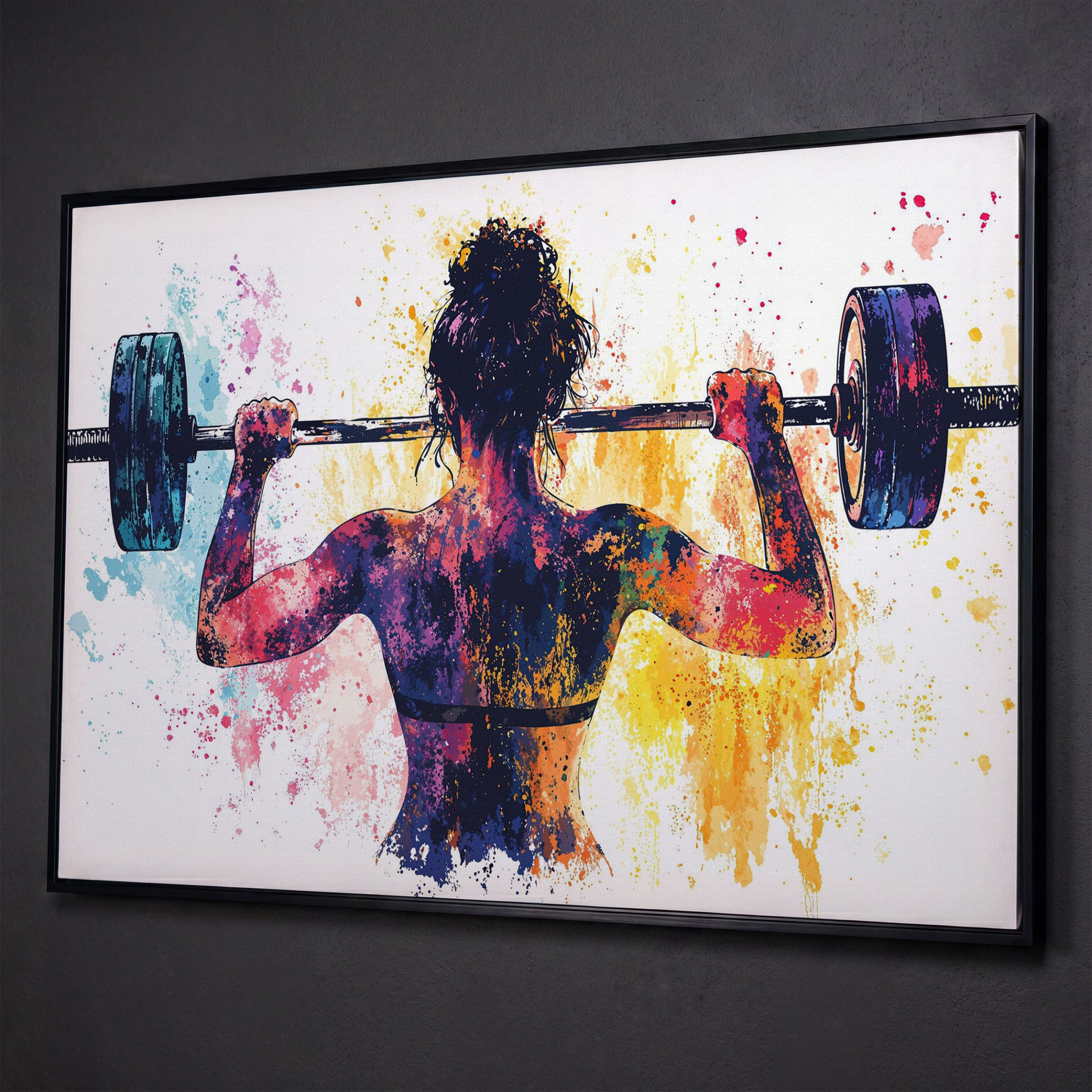 Woman Lifting Canvas Print. Watercolor Gym Art shown in black floating frame