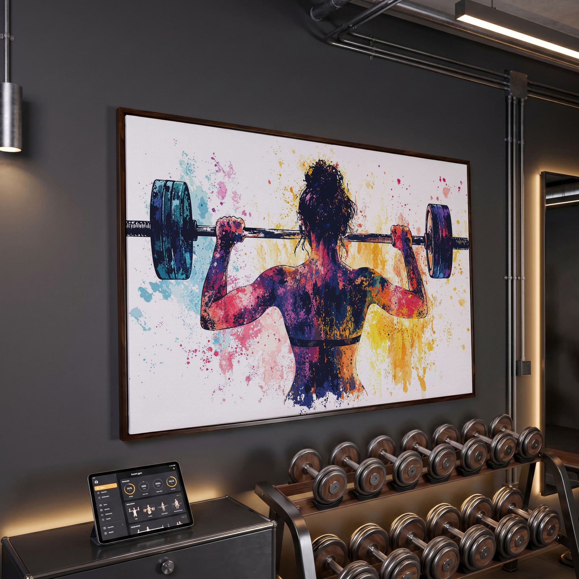 Woman Lifting Canvas Print. Watercolor Gym Art in dark walnut floating frame