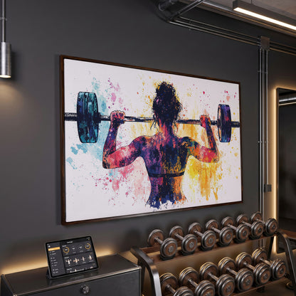 Woman Lifting Canvas Print. Watercolor Gym Art in dark walnut floating frame