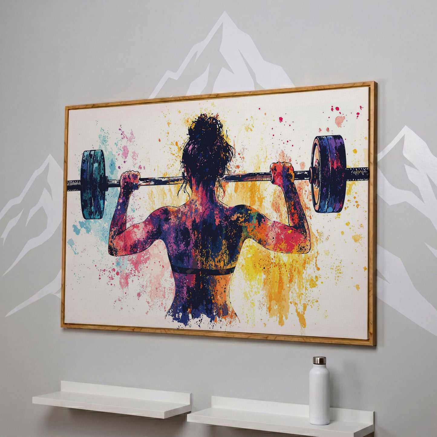 Woman Lifting Canvas Print. Watercolor Gym Art in white oak floating frame