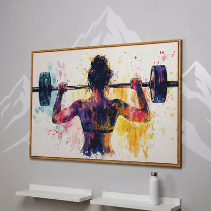 Woman Lifting Canvas Print. Watercolor Gym Art in white oak floating frame