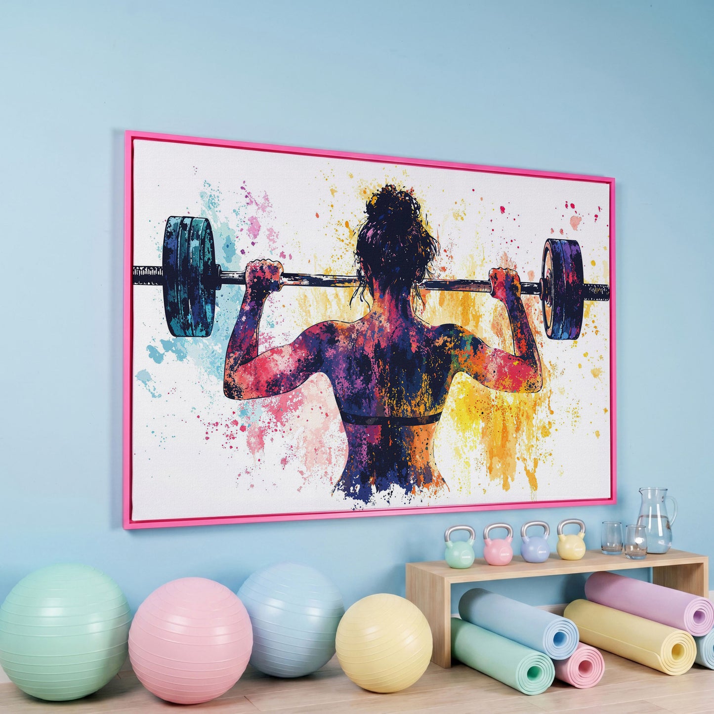 Woman Lifting Canvas Print. Watercolor Gym Art in pink floating frame