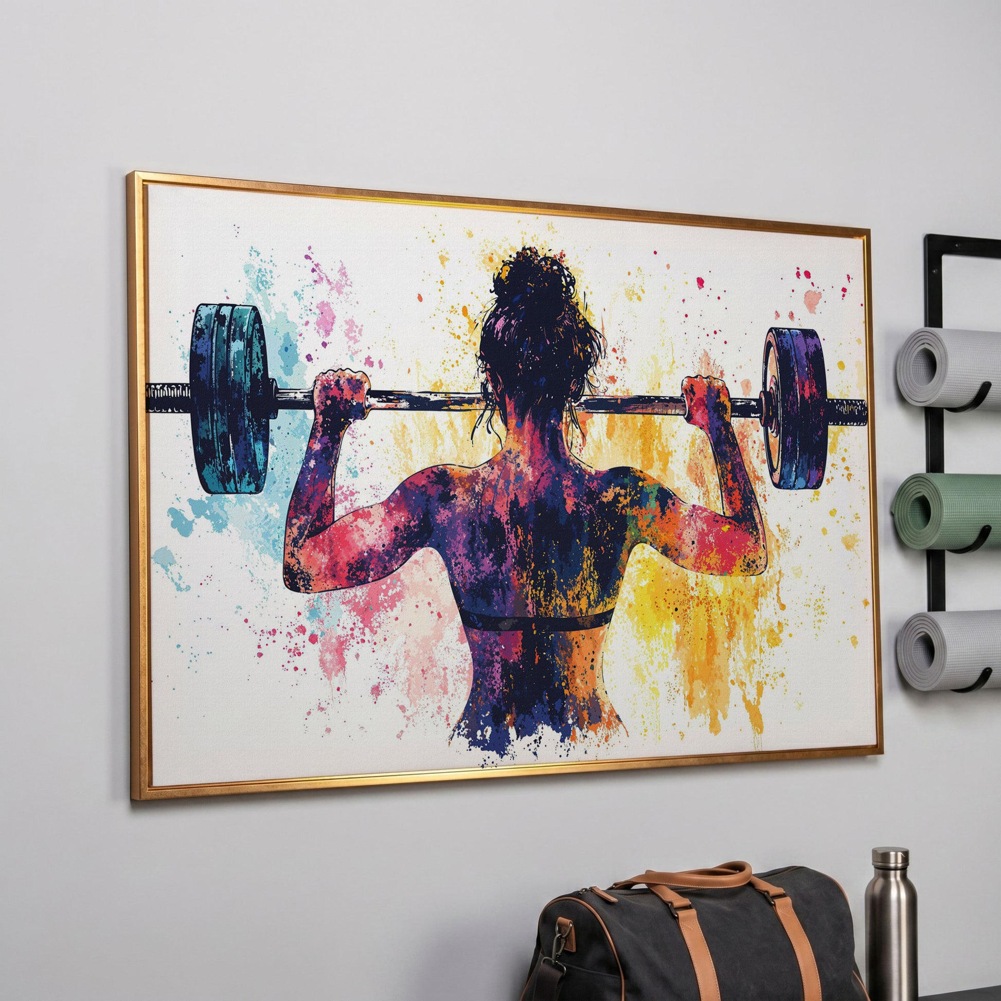 Woman Lifting Canvas Print. Watercolor Gym Art in rose gold floating frame