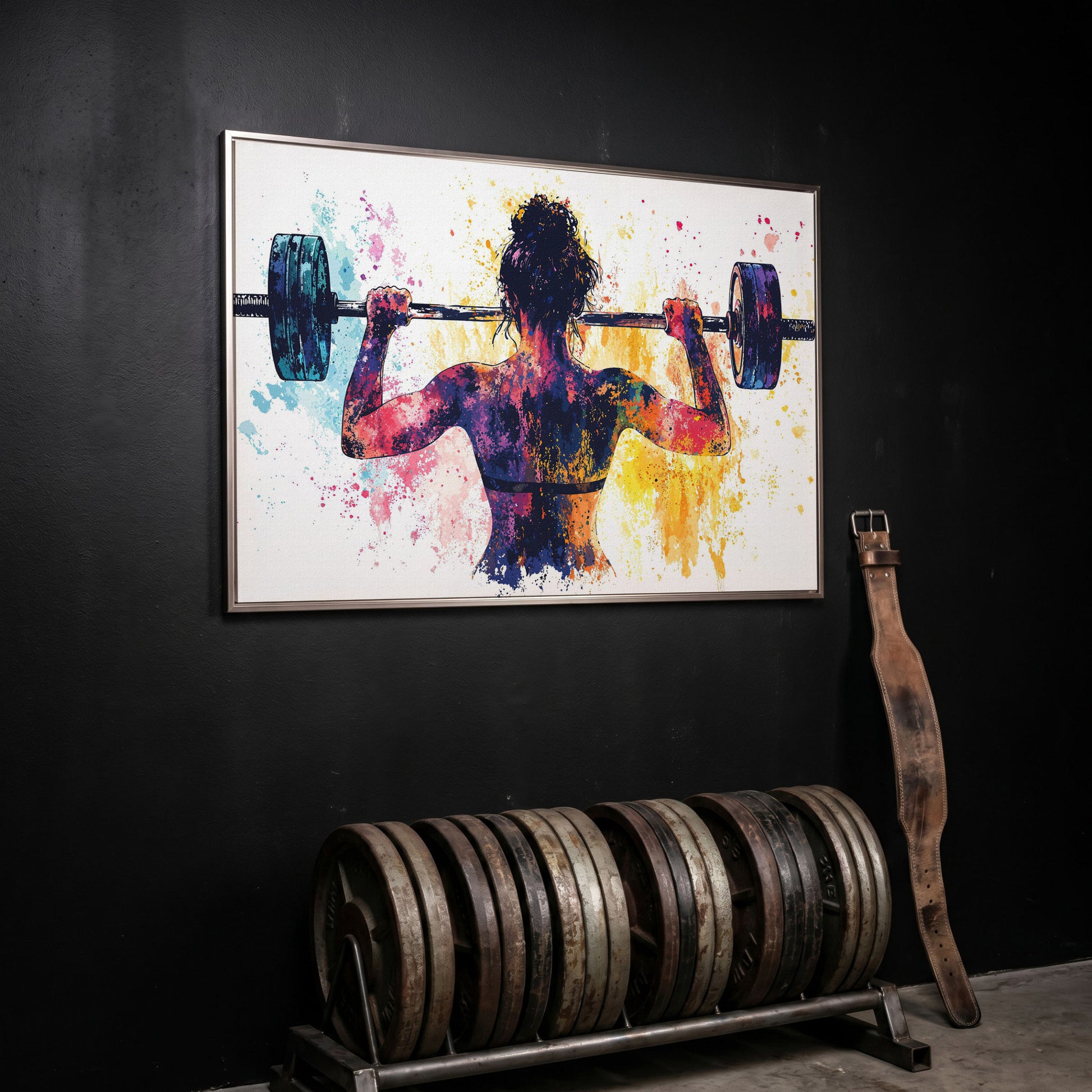 Woman Lifting Canvas Print. Watercolor Gym Art in silver floating frame