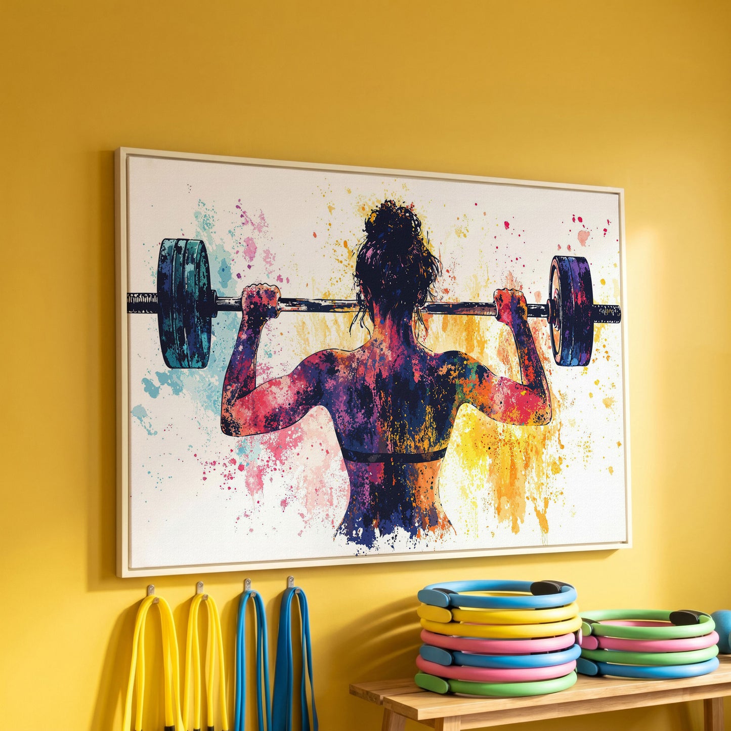 Woman Lifting Canvas Print. Watercolor Gym Art in white floating frame