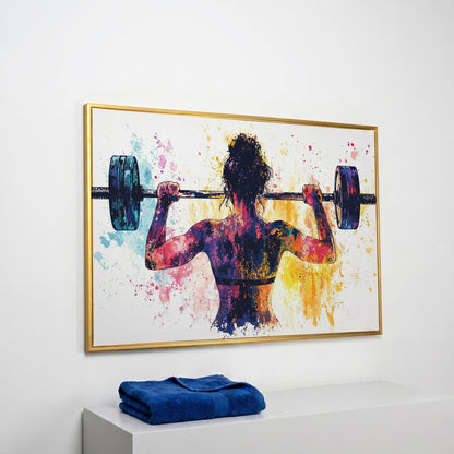 Woman Lifting Canvas Print. Watercolor Gym Art in yellow gold floating frame