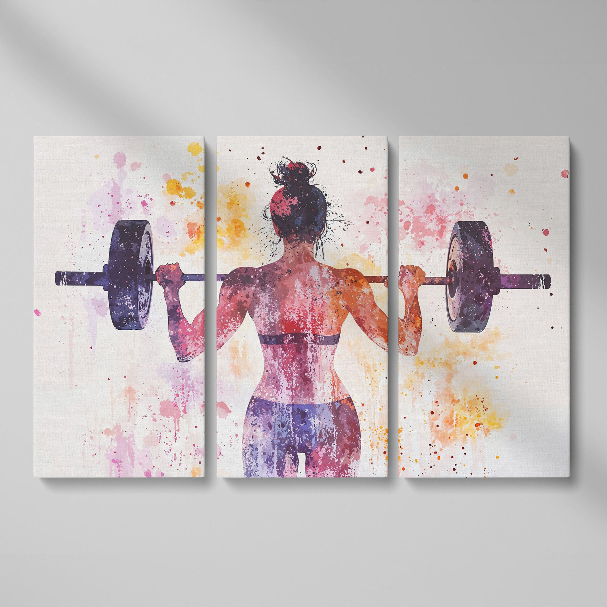 Woman Lifting Canvas, Plum & Amber Watercolor as 3-panel split version