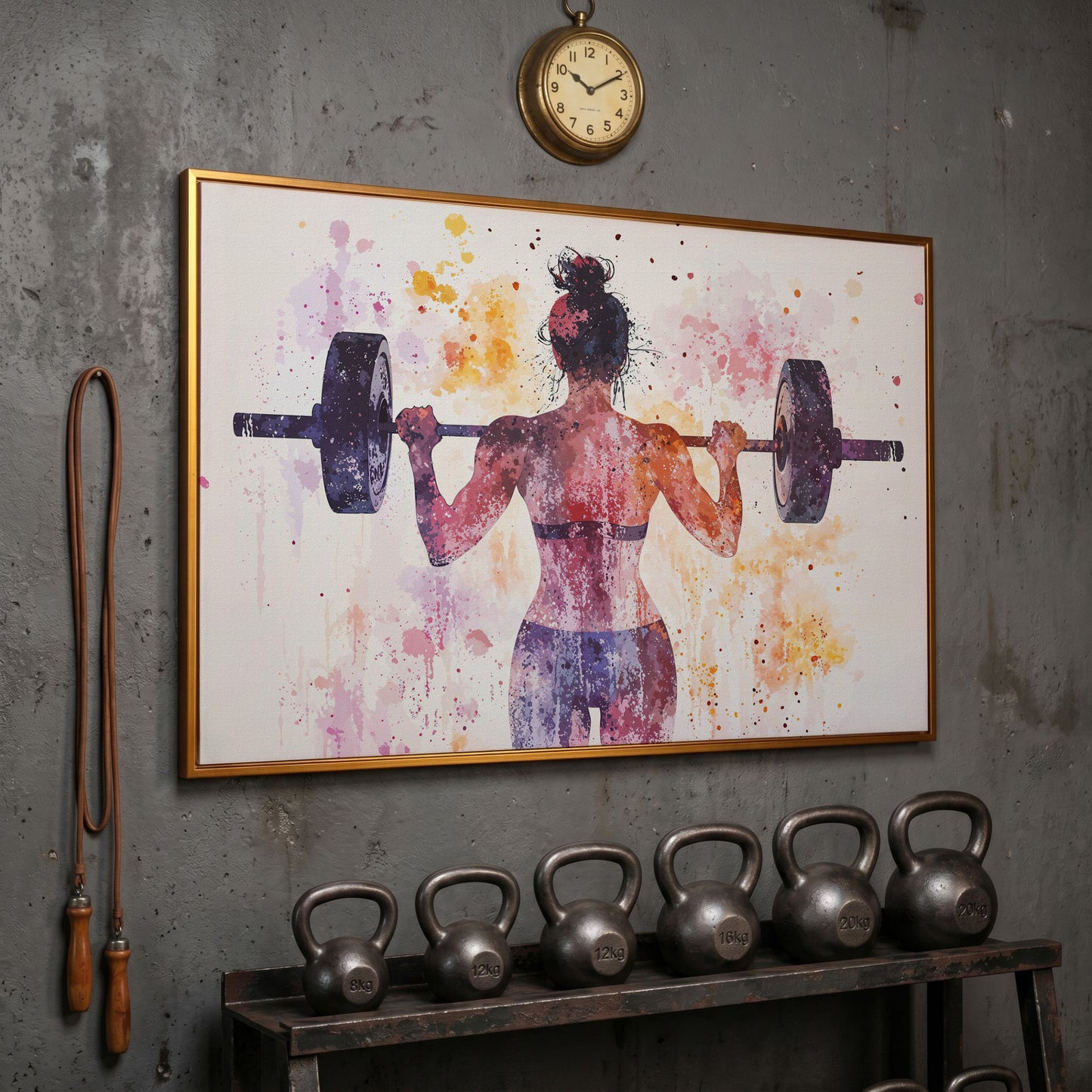 Woman Lifting Canvas, Plum & Amber Watercolor in antique gold floating frame