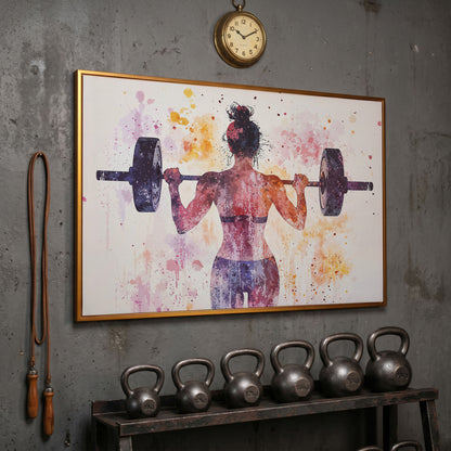 Woman Lifting Canvas, Plum & Amber Watercolor in antique gold floating frame