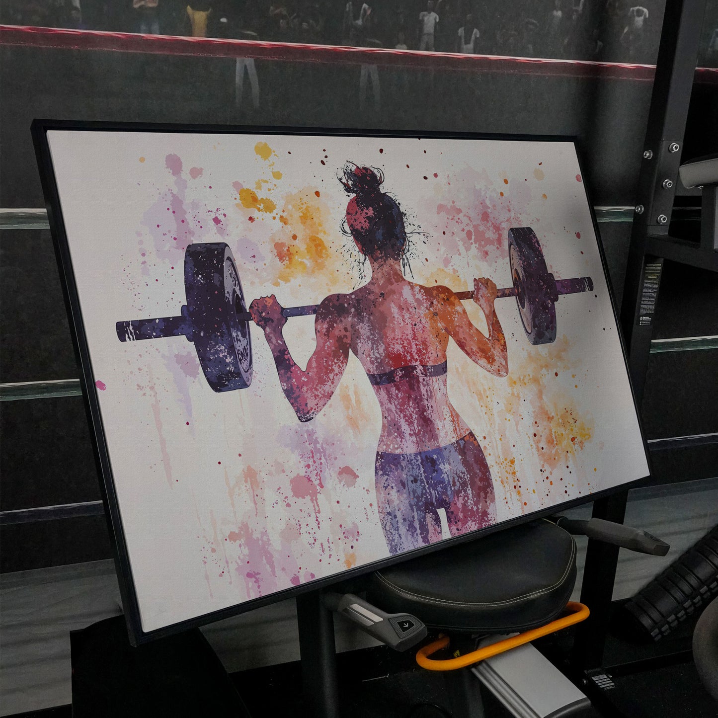 Woman Lifting Canvas, Plum & Amber Watercolor in black floating frame