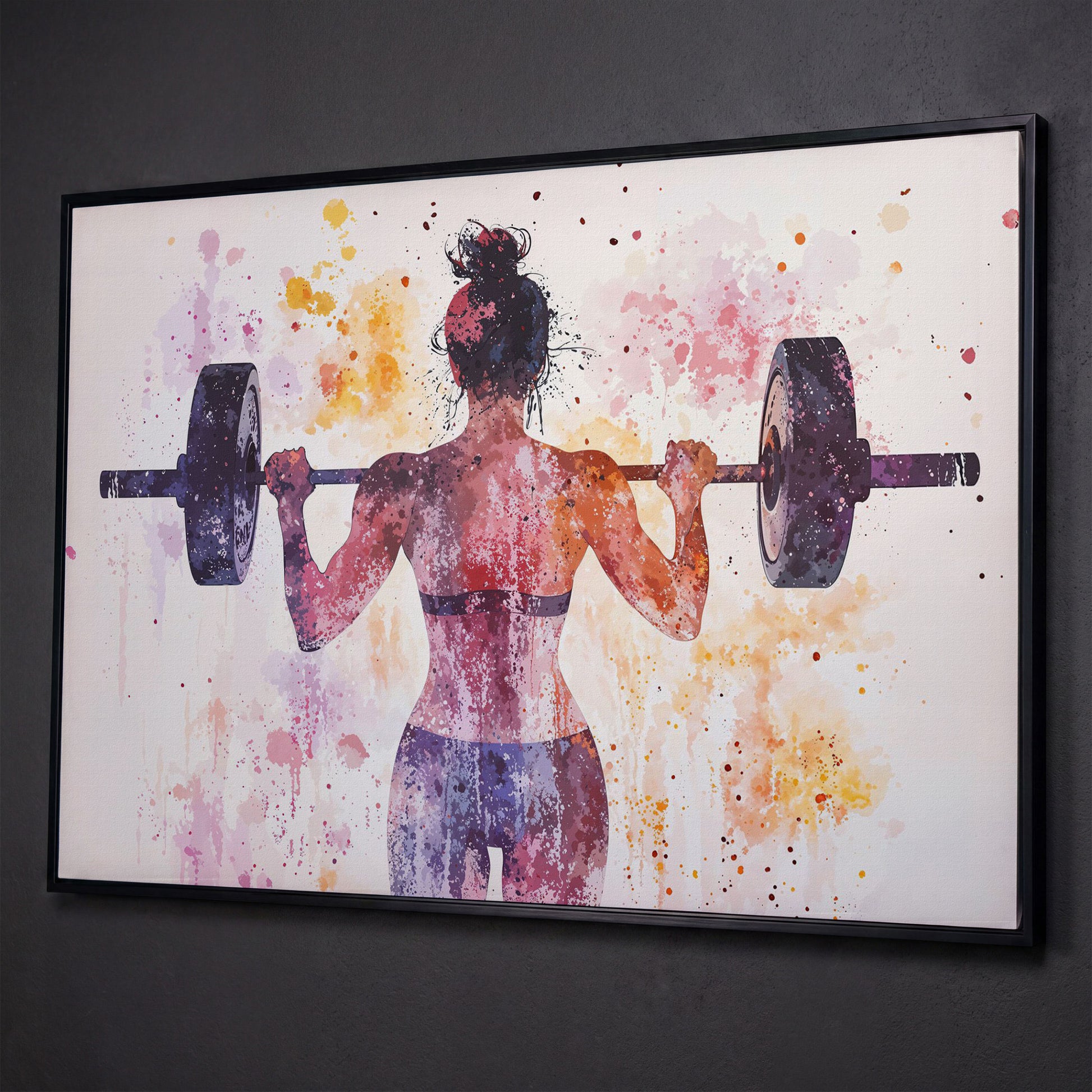 Woman Lifting Canvas, Plum & Amber Watercolor shown in black floating frame
