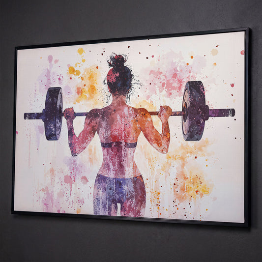 Woman Lifting Canvas, Plum & Amber Watercolor shown in black floating frame