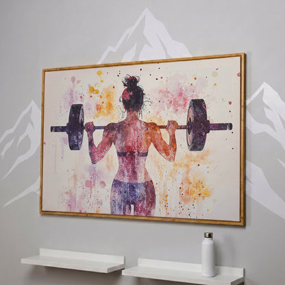 Woman Lifting Canvas, Plum & Amber Watercolor in white oak floating frame