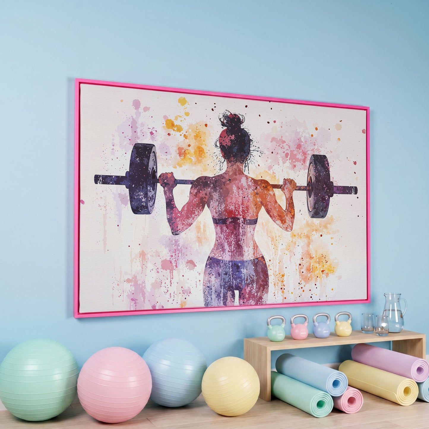 Woman Lifting Canvas, Plum & Amber Watercolor in pink floating frame