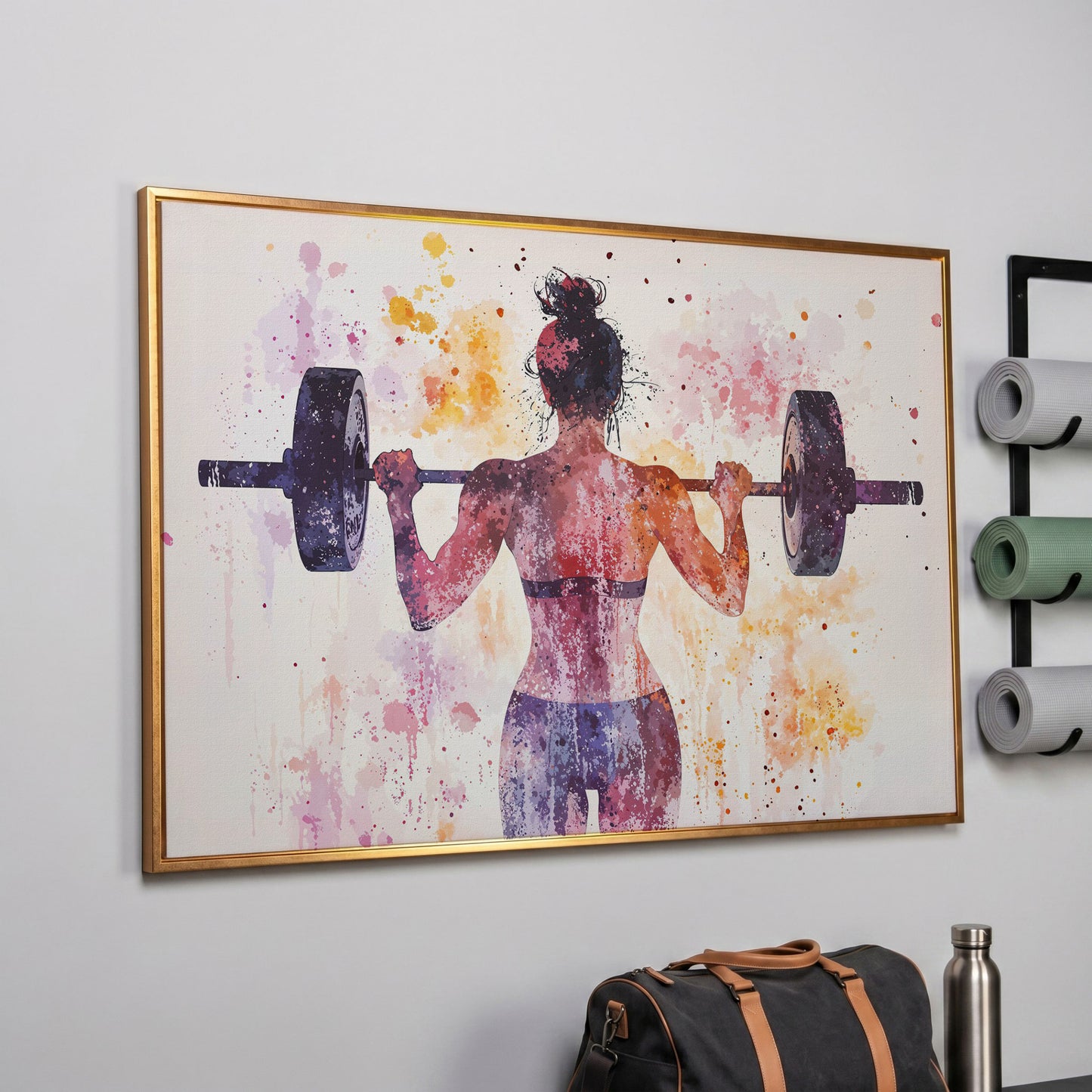 Woman Lifting Canvas, Plum & Amber Watercolor in rose gold floating frame