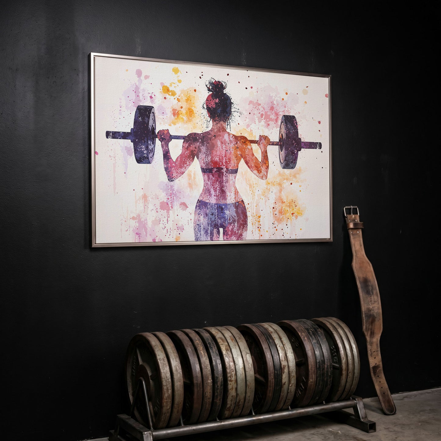 Woman Lifting Canvas, Plum & Amber Watercolor in silver floating frame