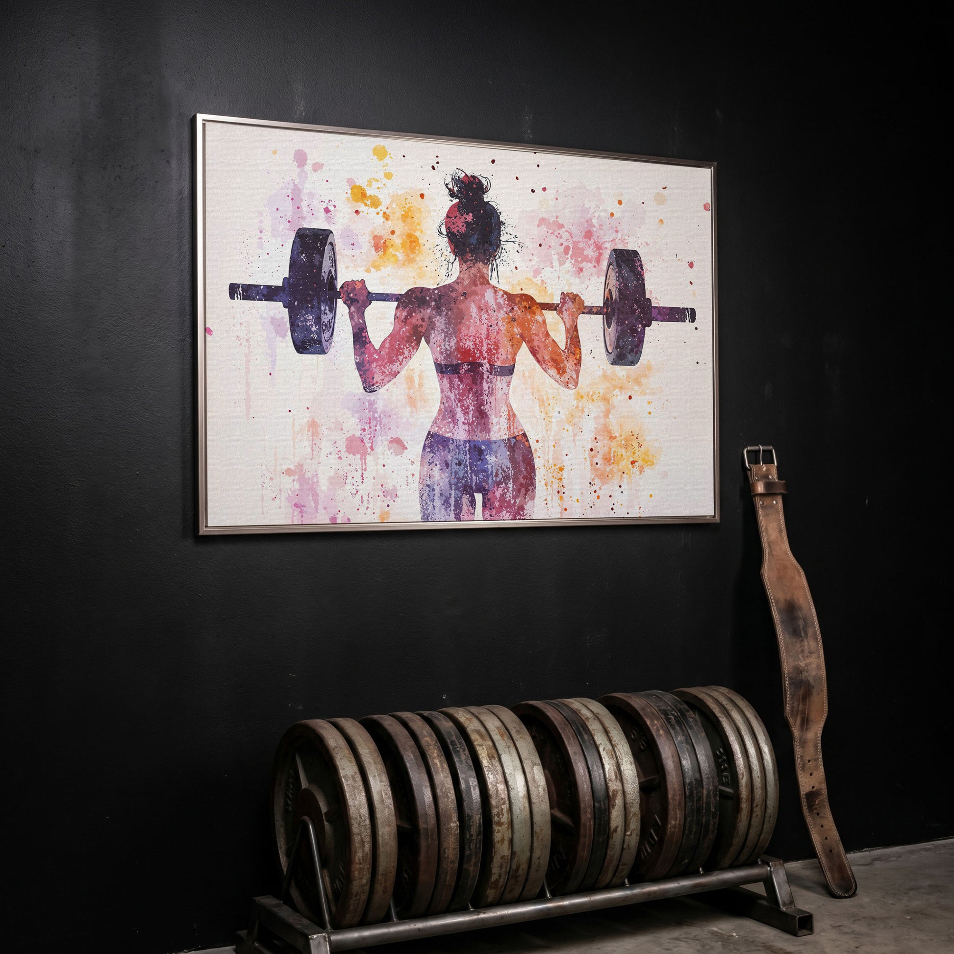 Woman Lifting Canvas, Plum & Amber Watercolor in silver floating frame