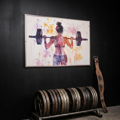 Woman Lifting Canvas, Plum & Amber Watercolor in silver floating frame