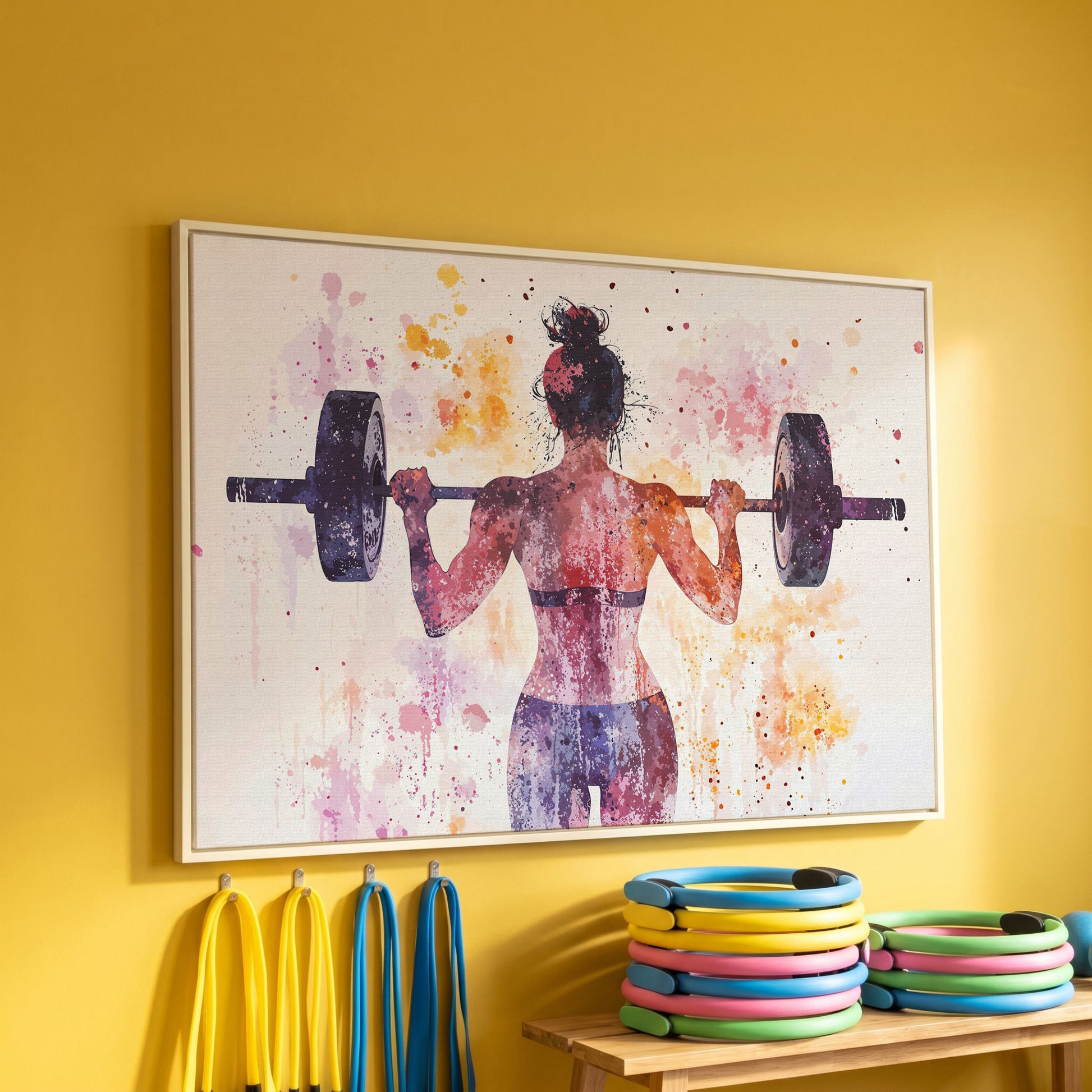 Woman Lifting Canvas, Plum & Amber Watercolor in white floating frame