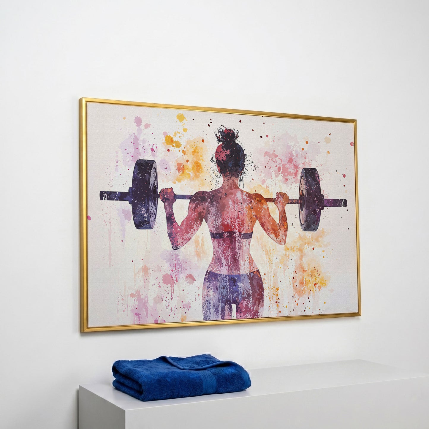Woman Lifting Canvas, Plum & Amber Watercolor in yellow gold floating frame