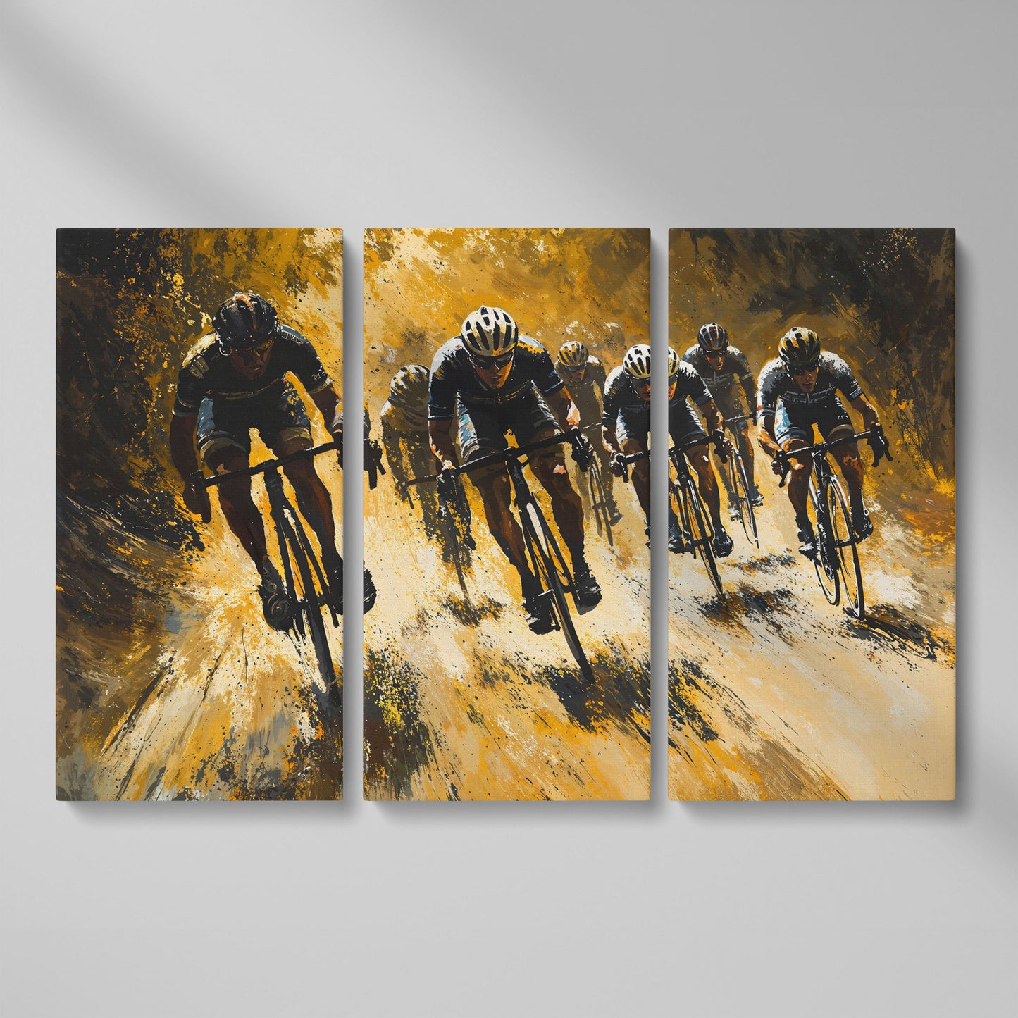 Cycling Race Canvas in Mustard and Charcoal as 3-panel split version