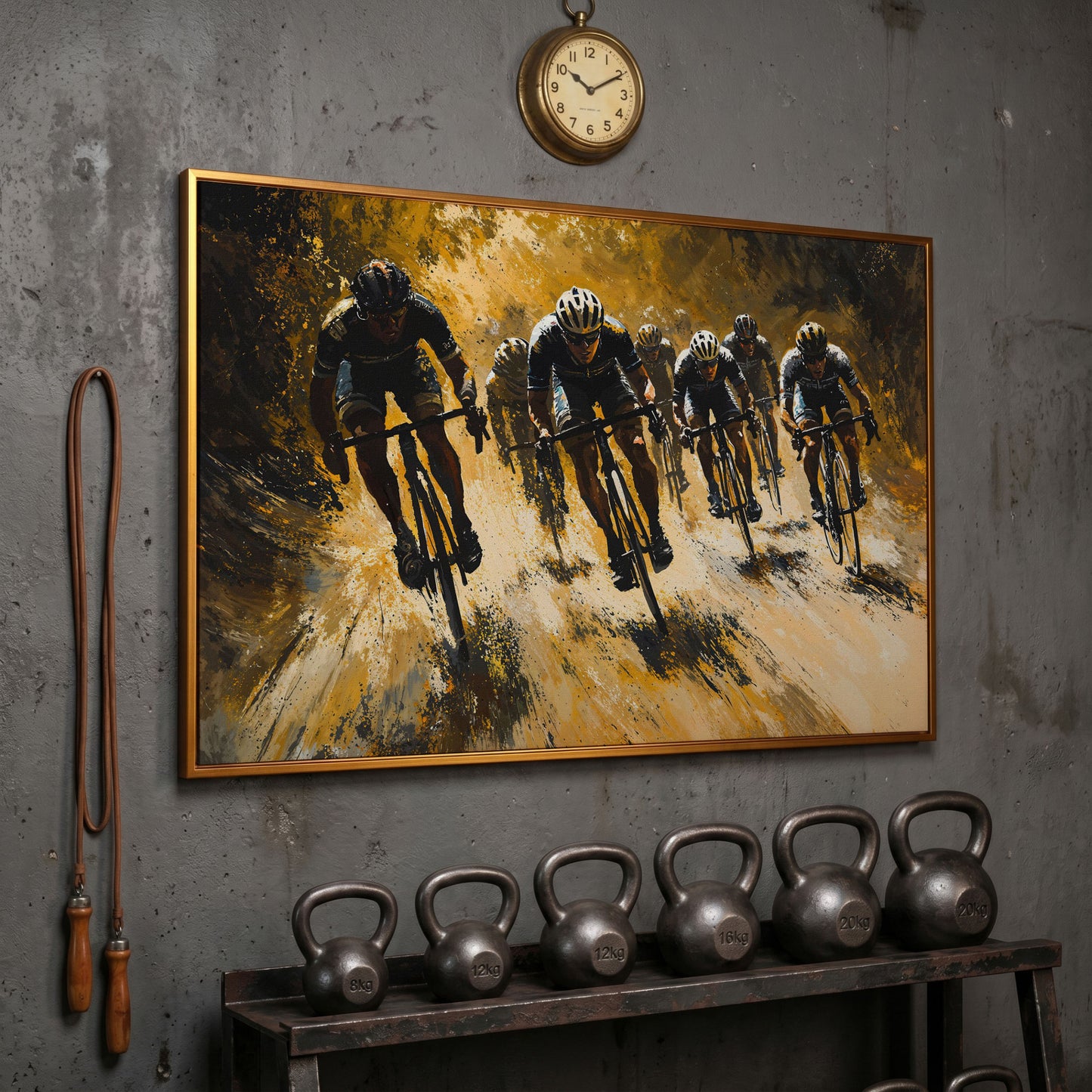 Cycling Race Canvas in Mustard and Charcoal in antique gold floating frame